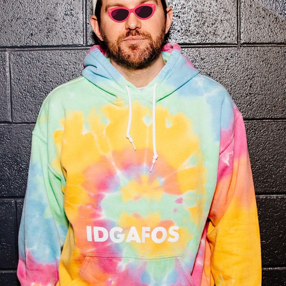 Dillon Francis’ IDGAFOS Hoodie in L & Rainbow Tie Dye